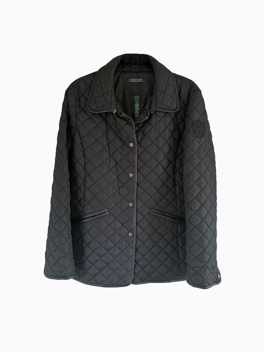 Ralph Lauren Diamond Quilted Jacket L Black Faux Leather Trim Embroidered Crest
